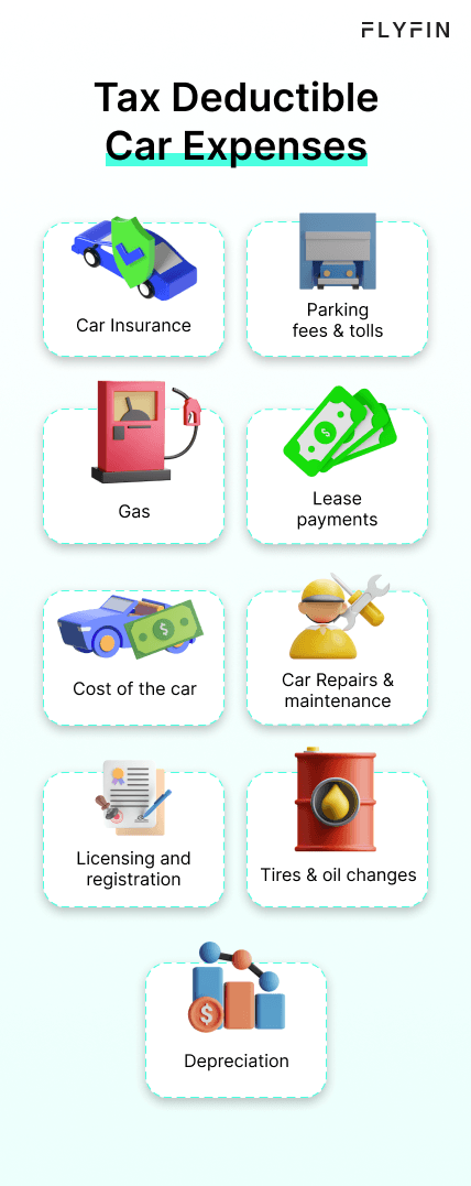 A list of tax deductible car expenses including car insurance, repairs, maintenance, parking fees, gas, car payments, licensing, registration, tires, oil changes, and depreciation. Useful for self-employed, 1099, and freelance workers for taxes.