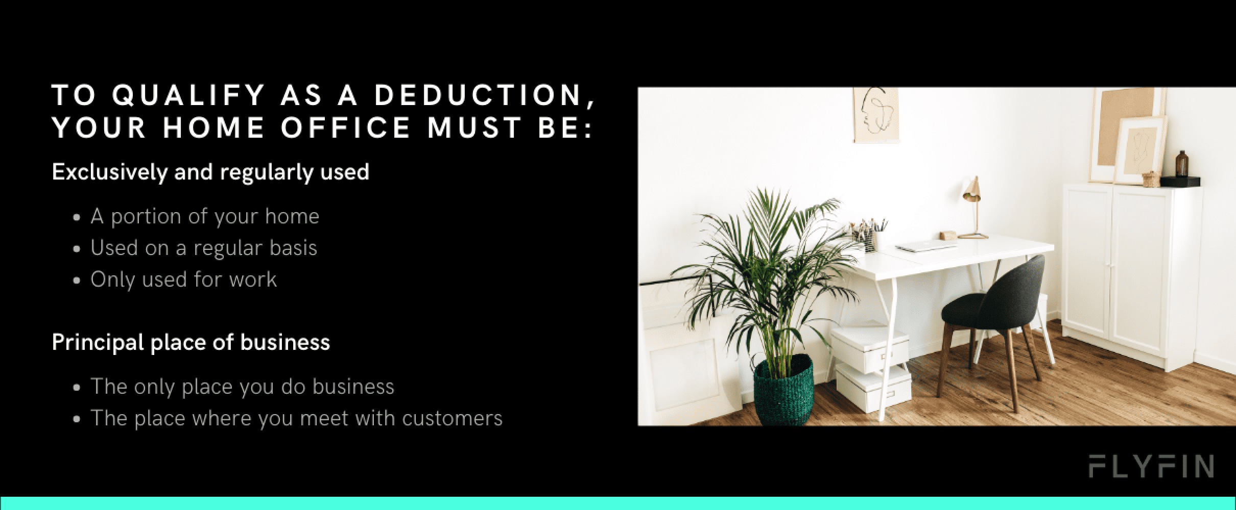 Guidelines for home office tax deduction - exclusive and regular use, principal place of business, only used for work. Relevant for self-employed, 1099, and freelancers for taxes.