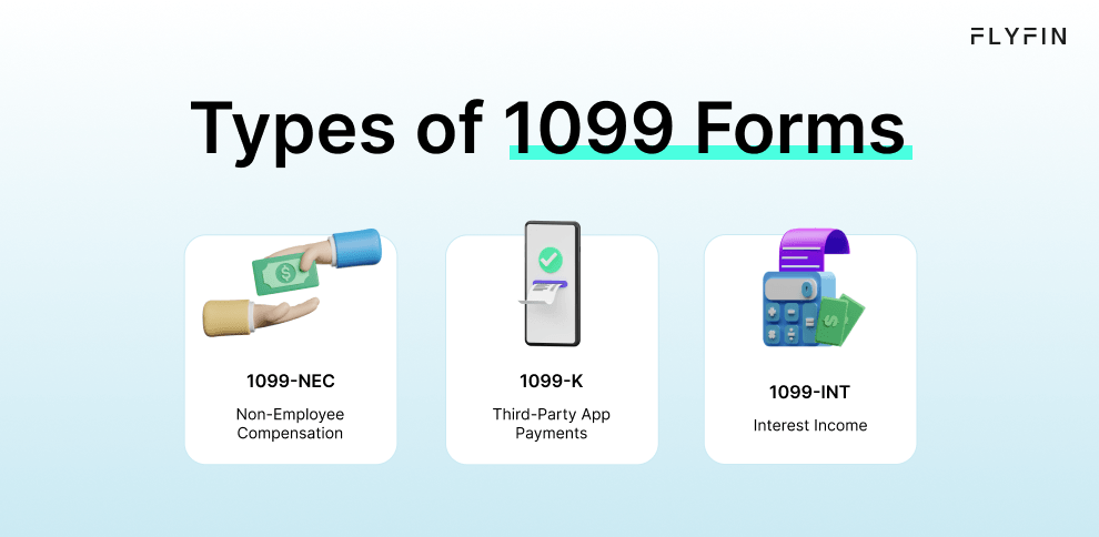 Image displaying different types of 1099 forms including 1099-NEC for non-employee compensation, 1099-K for third-party app payments, and 1099-INT for interest income. Relevant for self-employed, freelancers, and taxes.