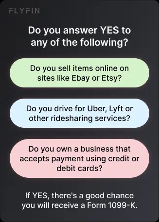 Image with text listing questions related to online selling, ridesharing, and accepting card payments. Mentions possibility of receiving Form 1099-K for tax purposes. #selfemployed #taxes #1099