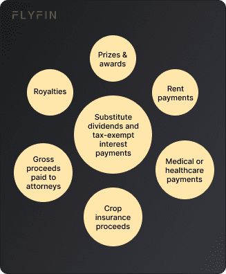 Image showing various types of payments such as royalties, prizes, rent, dividends, medical, and crop insurance proceeds. Relevant for taxes, self-employed, 1099, and freelancers.