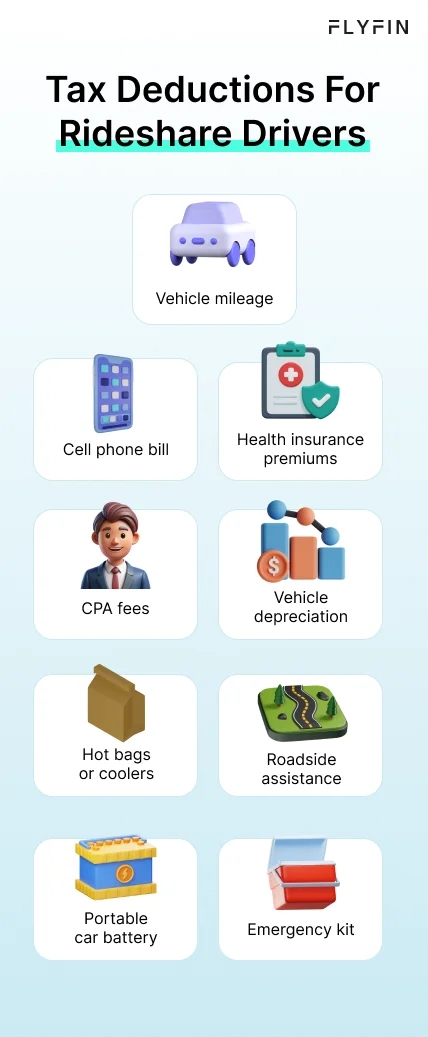 Infographic entitled Tax Deductions For Rideshare Drivers listing tax write-offs to lower Lyft and Uber tax.