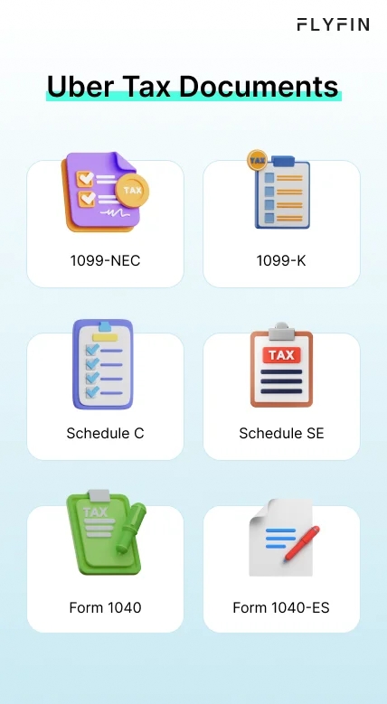 Infographic entitled Uber Tax Documents listing important tax documents for rideshare drivers paying 1099 taxes.