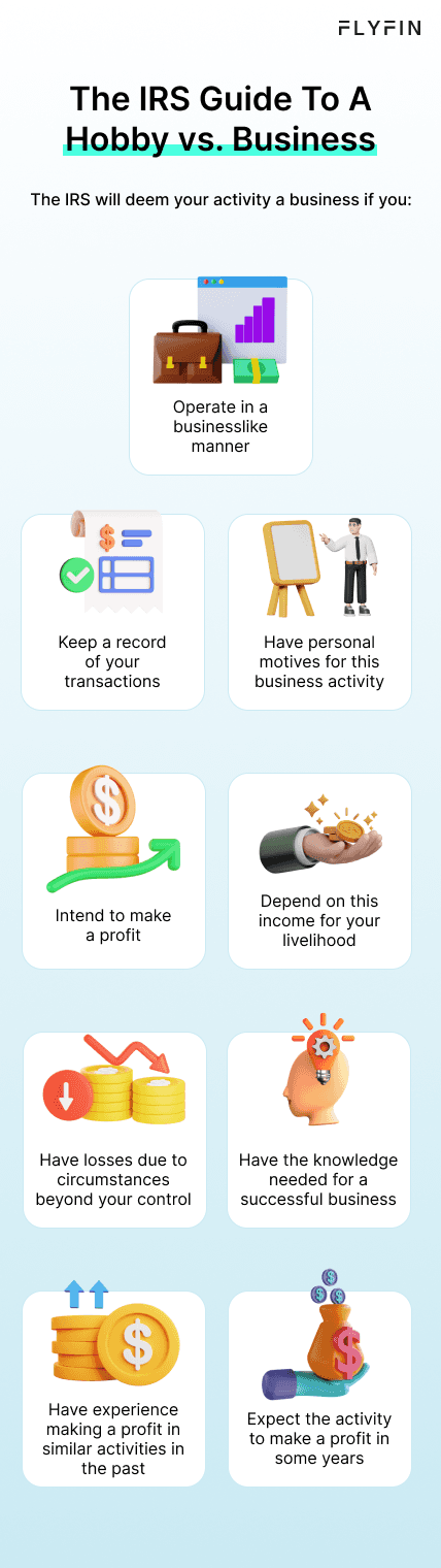 Image depicts IRS guidelines to differentiate between hobby and business activities. Includes criteria like business-like operations, profit intention, record-keeping, and more. Relevant for self-employed, 1099, freelancer, and taxes.