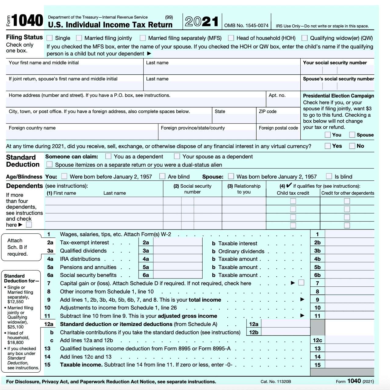 Image of IRS Form 1040 for U.S. Individual Income Tax Return 2021. Includes filing status, personal information, income, deductions, and credits.