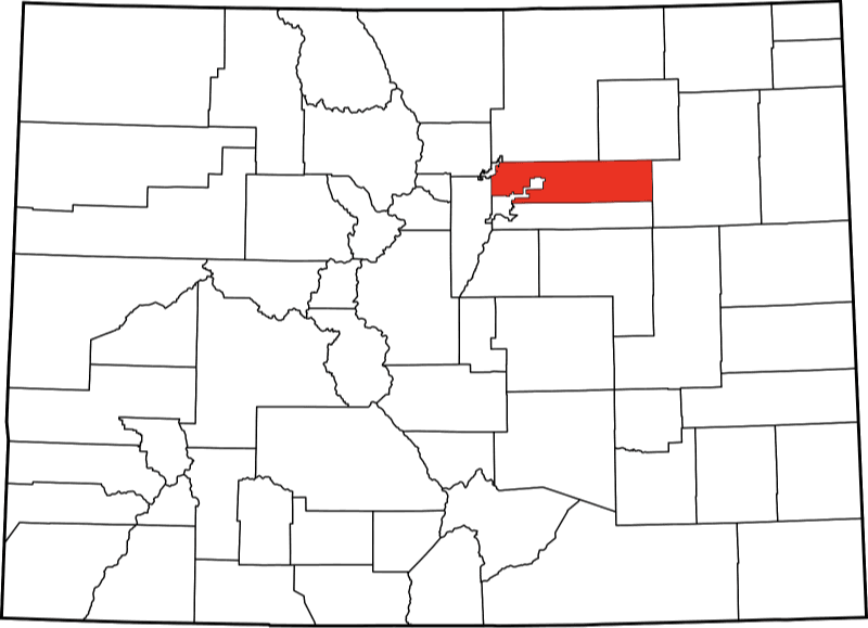 An image highlighting Adams County in Colorado