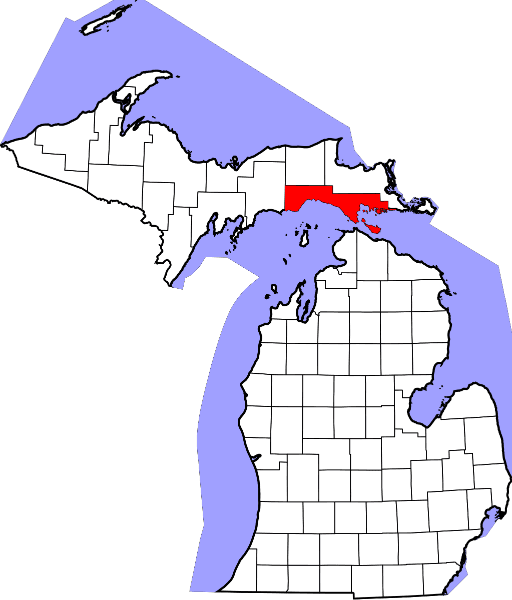 An image highlighting Mackinac County in Michigan