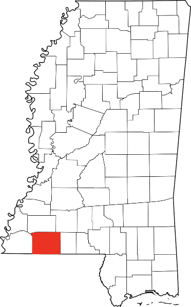 An image highlighting Amite County in Mississippi