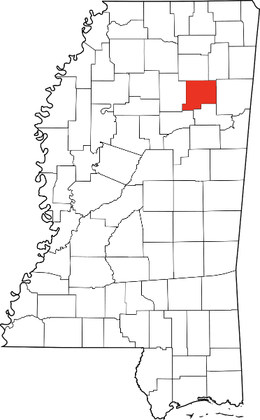 An image highlighting Chickasaw County in Mississippi