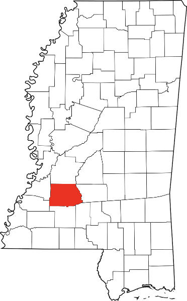 An image highlighting Copiah County in Mississippi