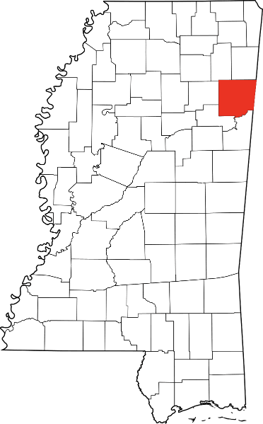An image highlighting Monroe County in Mississippi