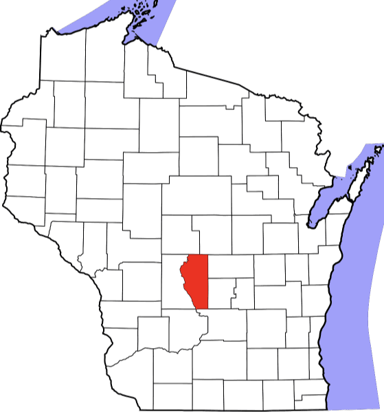 An image highlighting Adams County in Wisconsin