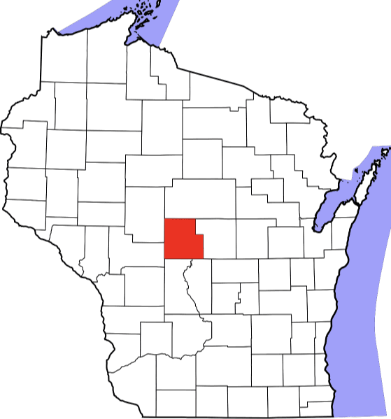 An image highlighting Wood County in Wisconsin