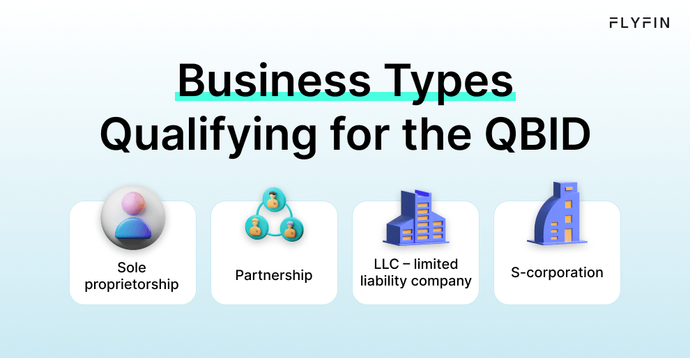Image of text explaining different business types such as Partnership, LLC, Sole Proprietorship, S-corporation and how to qualify for QBID. Relevant for self-employed, 1099, freelancer, and taxes.