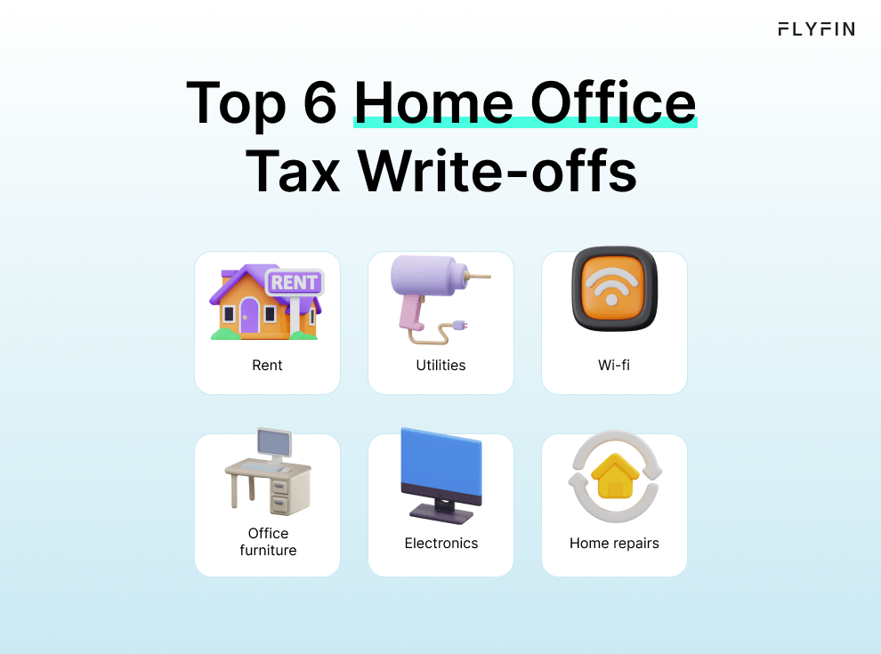 Flyfin's top 6 home office tax write-offs include rent, Wi-Fi, electronics, utilities, office furniture, and home repairs. Ideal for self-employed, 1099, or freelancer to save on taxes.