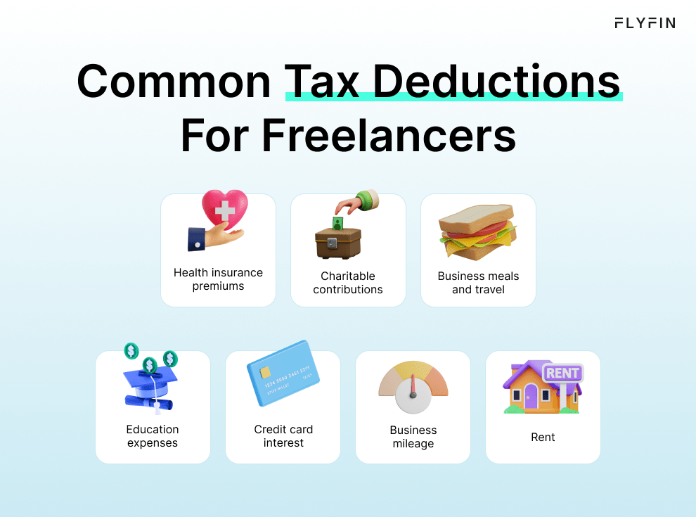 Image listing common tax deductions for freelancers including health insurance premiums, charitable contributions, education expenses, credit card interest, business meals and travel, business rent, and mileage.