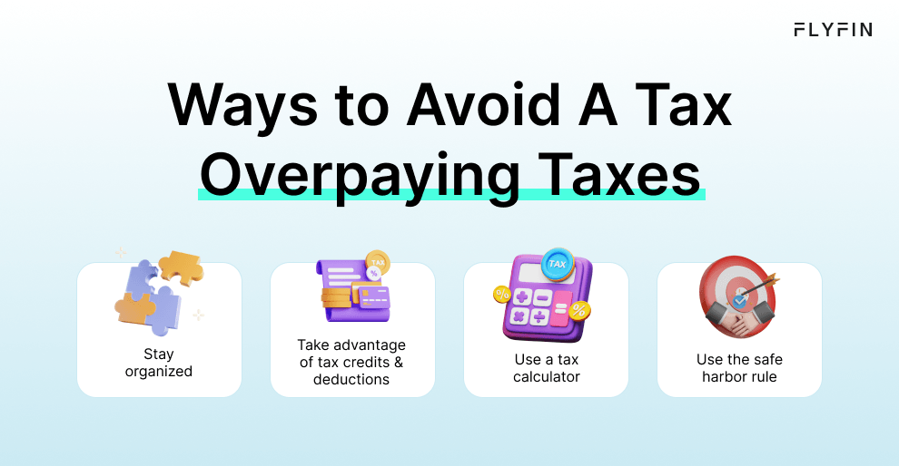 Alt text: Flyfin image with text on ways to avoid overpaying taxes including staying organized, using a tax calculator, taking advantage of tax credits & deductions, and using the safe harbor rule. Helpful for self-employed, 1099, and freelancer taxes.