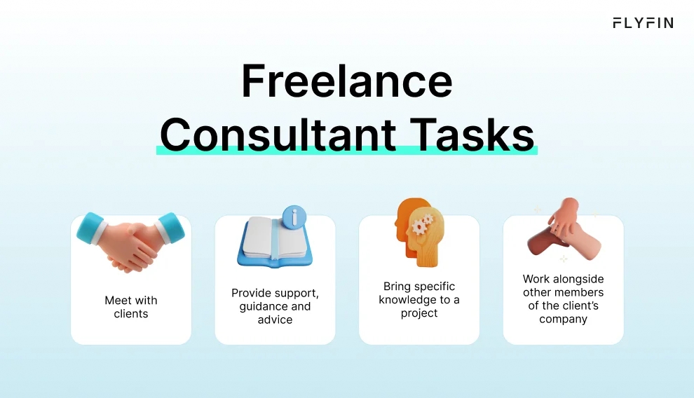 Alt text: Image depicting the tasks of a freelance consultant - meeting clients, providing specific knowledge, support and advice, and working with other members of the client's company.