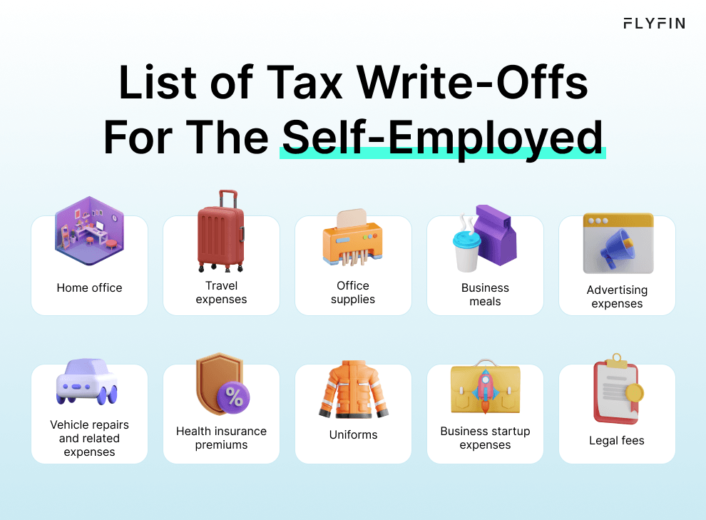 Infographic entitled List of Tax Write-Offs For The Self-Employed listing 10 deductible business expenses.
