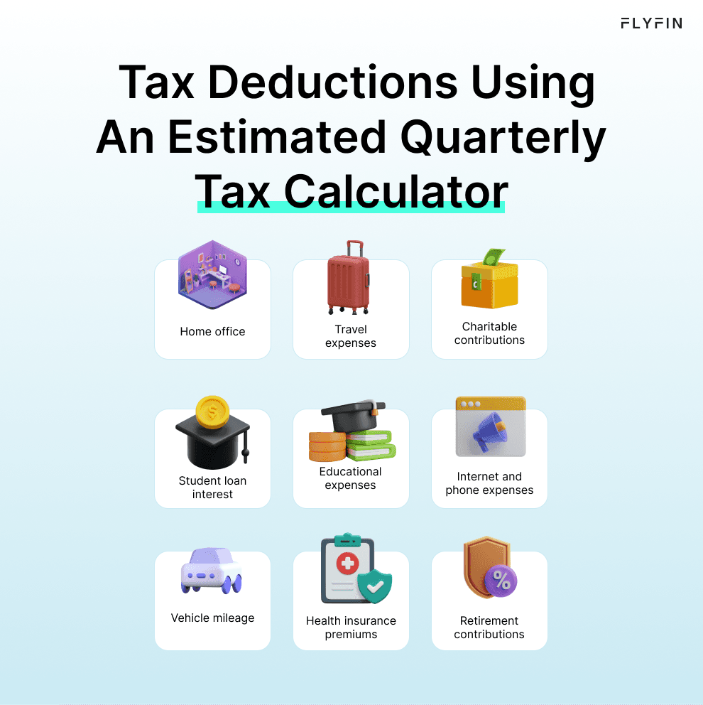 Infographic entitled Tax Deductions Using An Estimated Quarterly Tax Calculator listing nine business expenses that can be used to lower quarterly taxes.