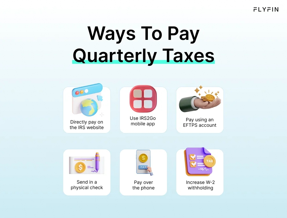 Infographic entitled Ways To Pay Quarterly Taxes listing six ways to pay after using an estimated taxes calculator to calculate tax liability.