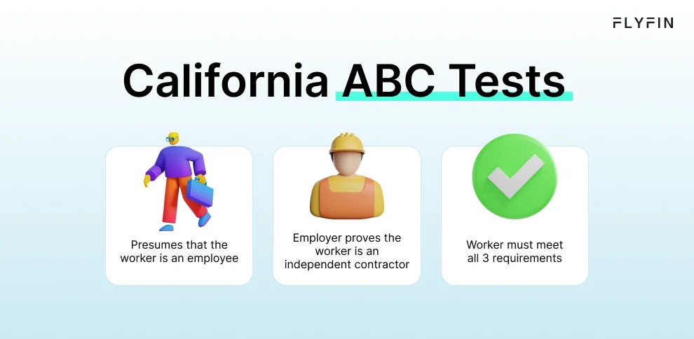 Image shows California ABC tests for determining if a worker is an employee or independent contractor. Worker must meet all 3 requirements. No mention of self-employed, 1099, freelancer or taxes.