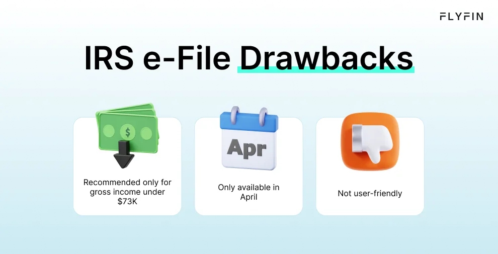 Alt text: Flyfin IRS e-File has drawbacks and is recommended only for gross income under $73K. It's available only in April and not user-friendly. #taxes #IRS #eFile