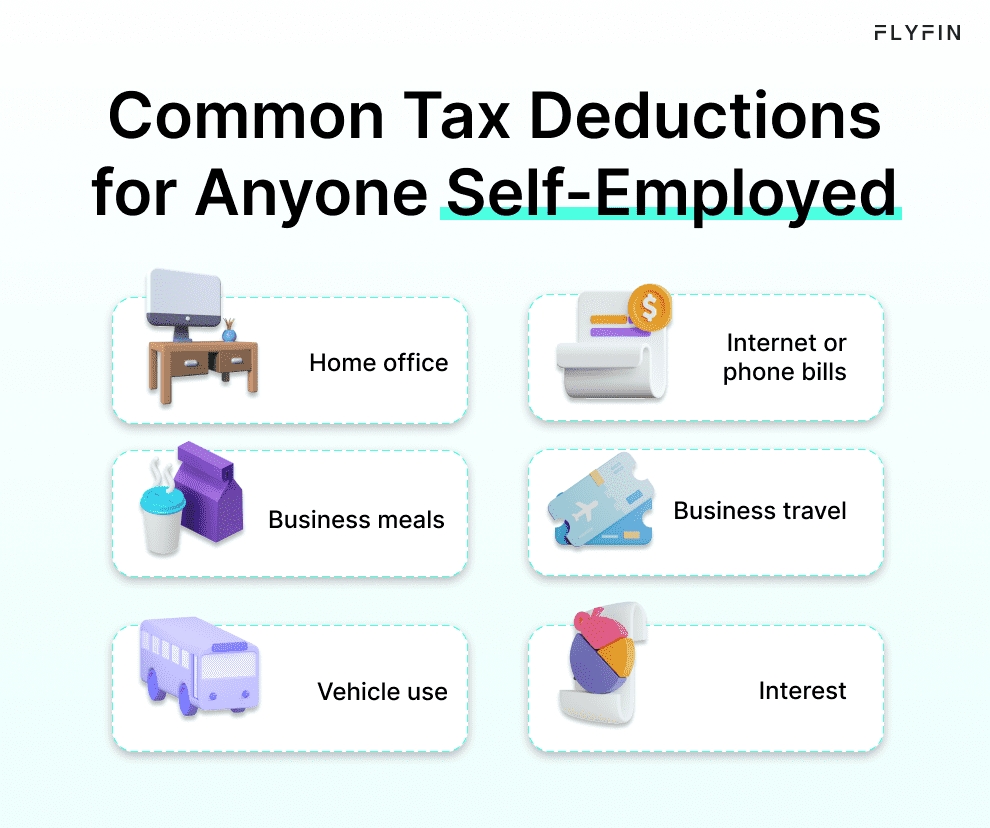 Image of text listing common tax deductions for anyone, including self-employed individuals, such as home office, business meals, vehicle use, internet or phone bills, business travel, and interest.