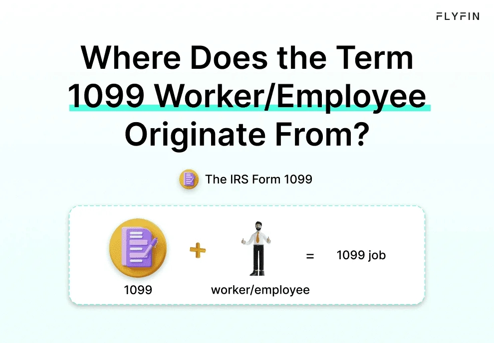 Image with text explaining the origin of the term "1099 worker/employee" and its relation to IRS Form 1099 and taxes. No mention of self-employment or freelancers.