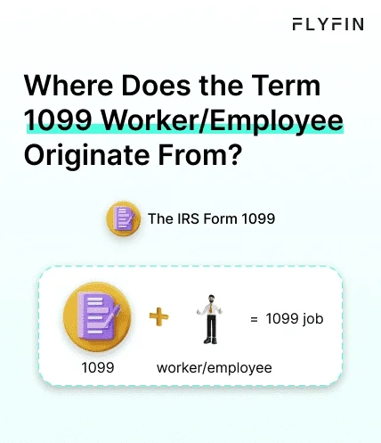 Image with text explaining the origin of the term "1099 worker/employee" and its relation to IRS Form 1099 and taxes. No mention of self-employment or freelancers.