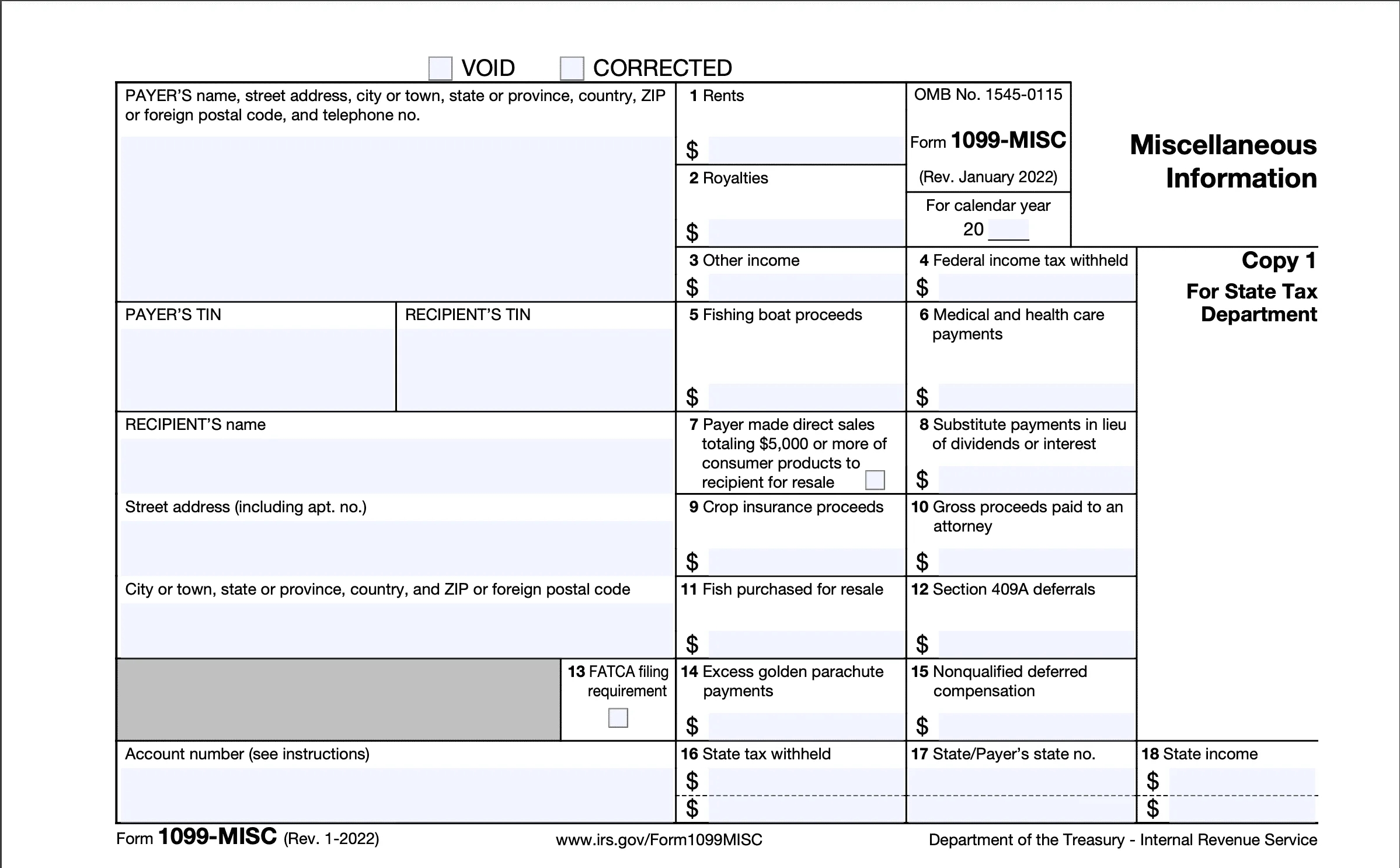 Image of Form 1099-MISC with fields for payer and recipient information, income types, tax withheld, and state tax information for self-employed individuals, freelancers, and those paying taxes.