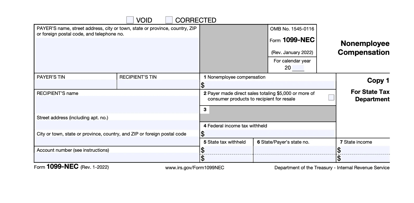 Image of Form 1099-NEC with corrected details for nonemployee compensation, federal and state taxes, and payer and recipient information. Relevant for self-employed, freelancers, and taxes.