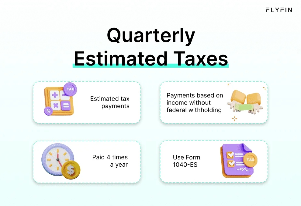 Flyfin's Quarterly Estimated Taxes image with text explaining estimated tax payments based on income without federal withholding. Paid 4 times a year. Use Form 1040-ES. #taxes #selfemployed #freelancer #1099