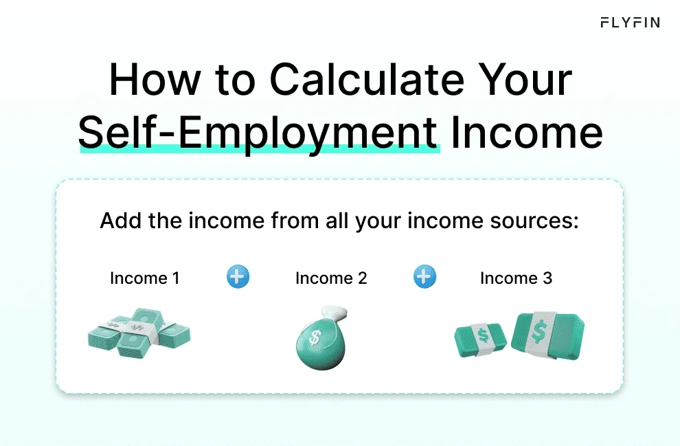 Image showing steps to calculate self-employment income. Add income from all sources like 1099, freelancer, and pay taxes. Text reads FLYFIN.