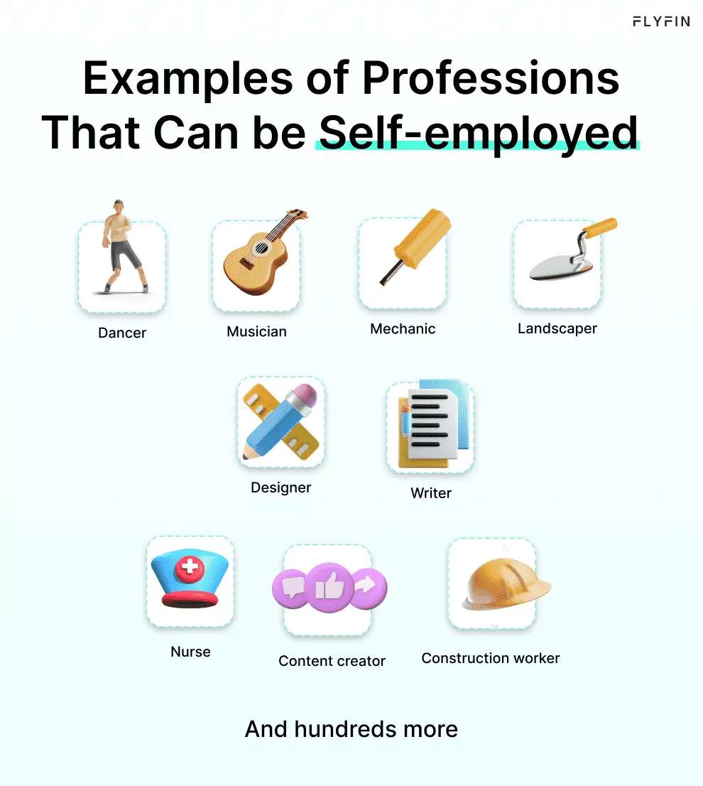 Image showing a list of professions that can be self-employed, including dancer, nurse, musician, designer, mechanic, and writer. Hundreds more options available.