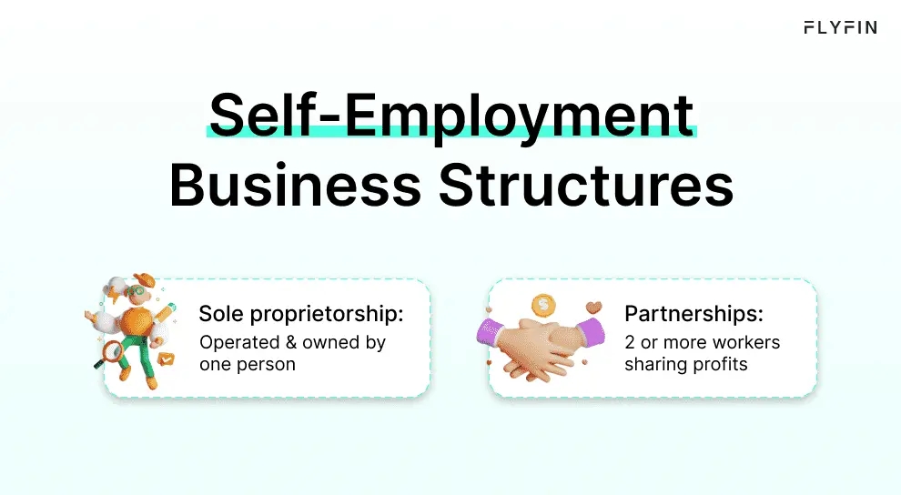 Image describing different business structures for self-employed individuals including sole proprietorship and partnerships. No mention of 1099, freelancer or taxes.