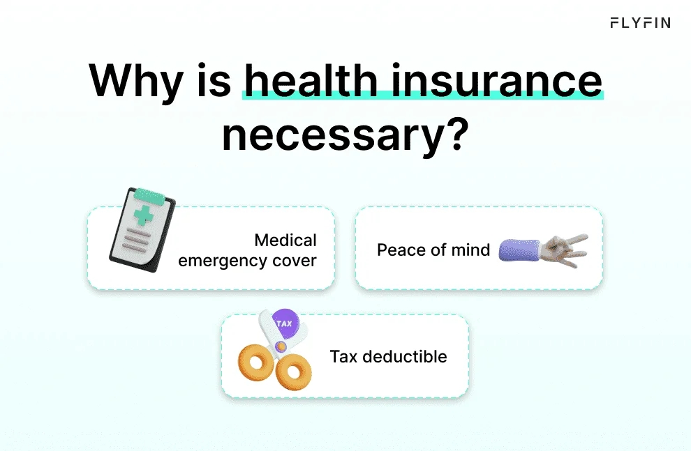 Image with text "FLYFIN - Why is health insurance necessary? Medical emergency cover, peace of mind, tax deductible." Importance of health insurance for emergencies, peace of mind & tax benefits. Relevant for self-employed, 1099 & freelancers.