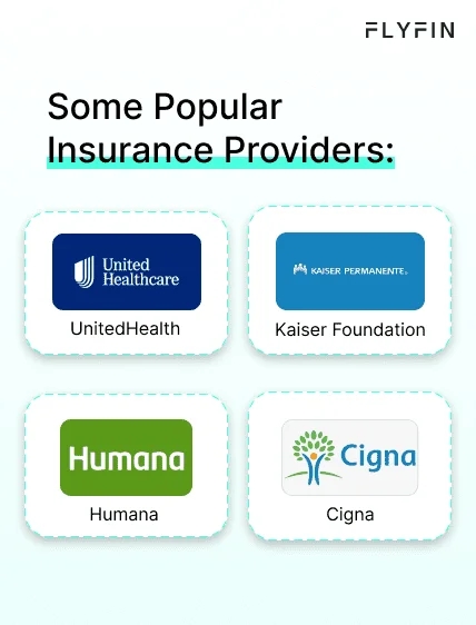 Image of FLYFIN with a list of popular insurance providers including United Healthcare, Humana, Kaiser Foundation, and Cigna. No mention of self-employment, 1099, freelancer, or taxes.