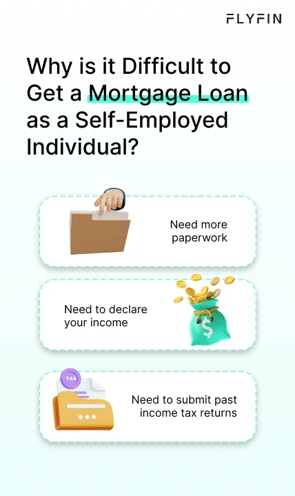 Image of text explaining why it's difficult for self-employed individuals to get a mortgage loan due to more paperwork, income declaration, and past tax returns.