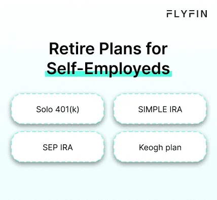 Image showing retirement plans for self-employed individuals including Solo 401(k), SIMPLE IRA, SEP IRA, and Keogh plan. No mention of 1099, freelancer, or taxes.