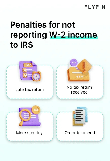 Alt text: Image with text about penalties for not reporting W-2 income to IRS, including late tax return, more scrutiny, and order to amend. Relevant for taxes, self-employed, 1099, and freelancers.