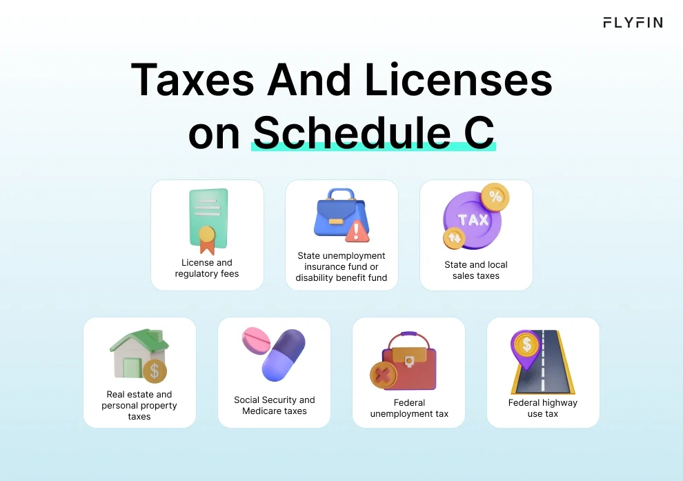Infographic entitled Taxes And Licenses on Schedule C listing expenses that are reported on Line 23.