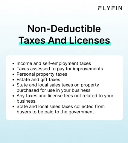 Infographic entitled Non-Deductible Taxes And Licenses listing expenses not qualified for the license fee tax deduction on Schedule C.