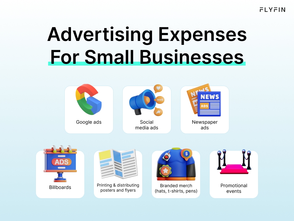 Infographic entitled Advertising Expenses For Small Businesses listing tax-deductible self-employed deductions.