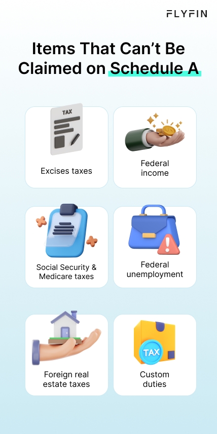 Infographic entitled Items that Can’t Be Claimed on Schedule A listing the items not included on Schedule A for self-employment taxes.