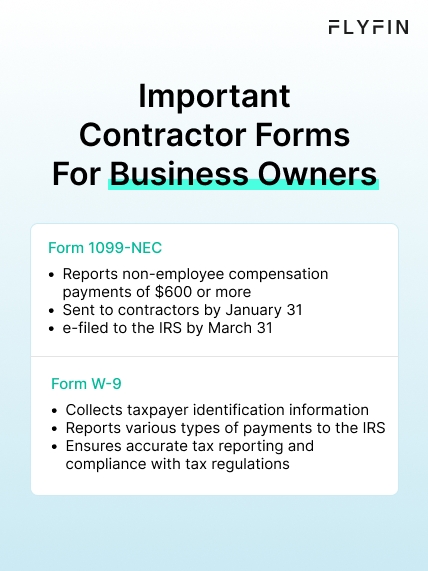 Infographic entitled Important Contractor Forms For Business Owners describing two forms used for paying independent contractors.