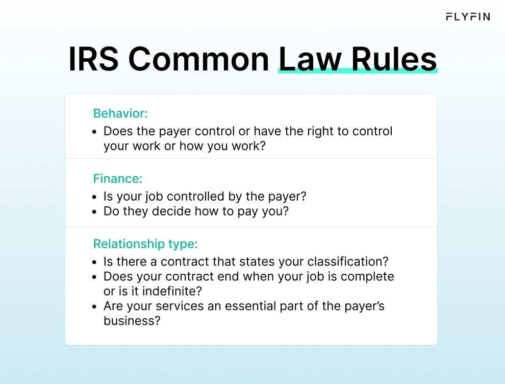 Infographic entitled IRS Common Law Rules listing questions determining contract labor classification. 