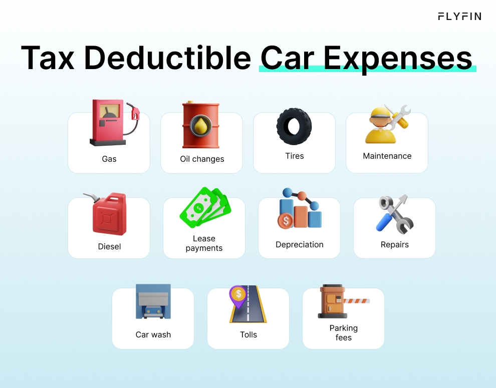Infographic entitled Vehicle-Related Tax-Deductible Expenses listing the items eligible for the business vehicle deduction. 