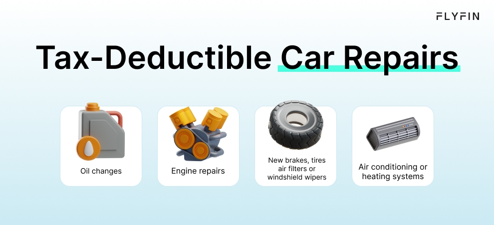  Infographic entitled Tax-Deductible Car Repairs listing the items eligible for the car repair vehicle tax deduction.