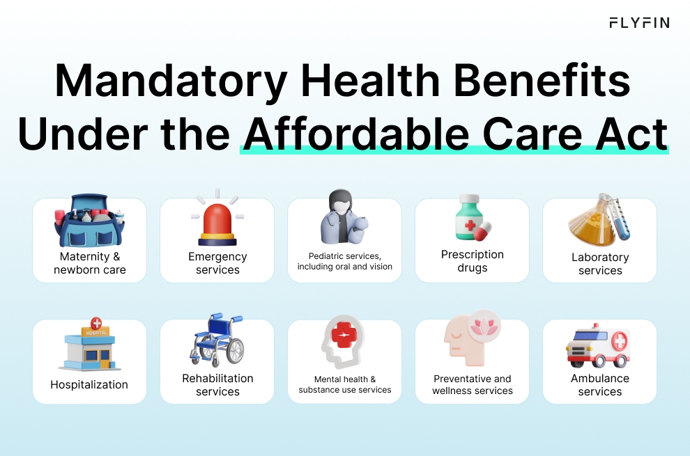Infographic entitled Mandatory Health Benefits Under the Affordable Care Act listing the coverage for self-employed health insurance.